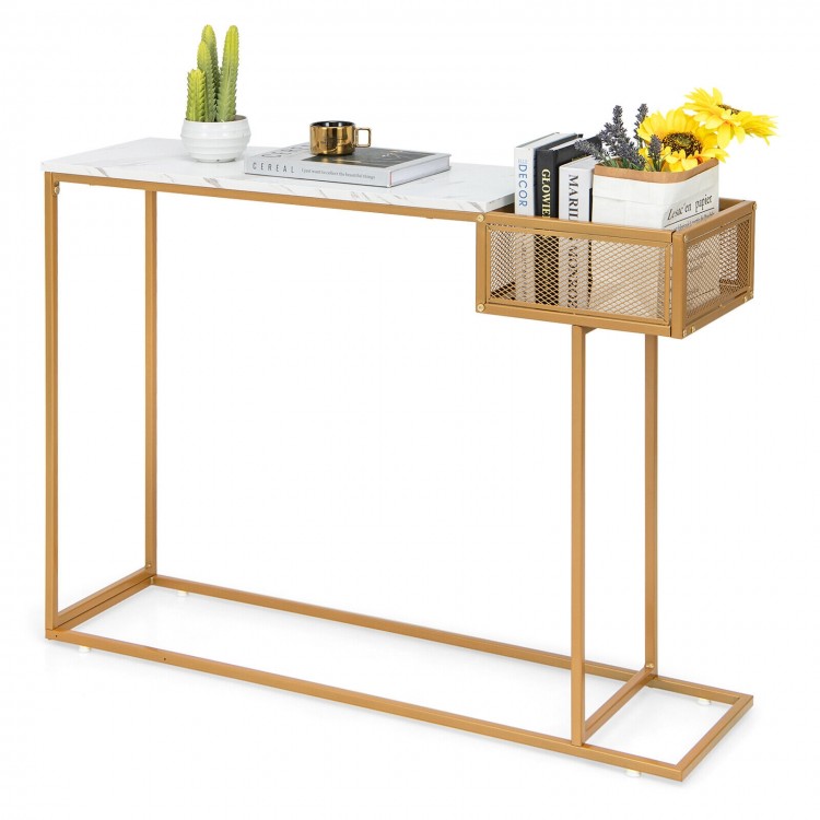Rectangular white faux marble console table with gold metal frame and storage basket, perfect for entryways or living.