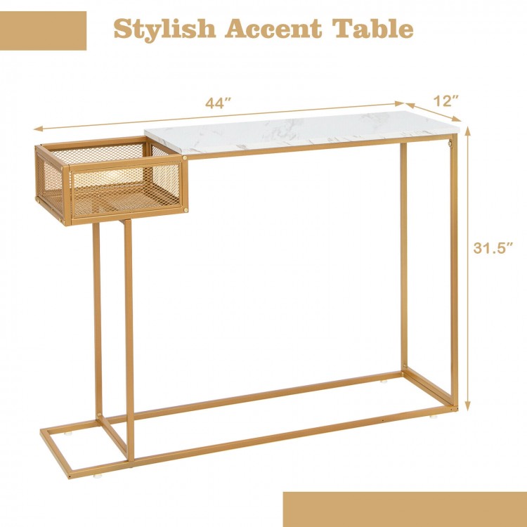 Rectangular white faux marble console table with gold metal frame and storage basket, ideal for entryway or living room.