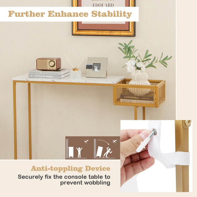 Rectangular white faux marble console table with gold metal frame and anti-toppling device for stability in entryway.
