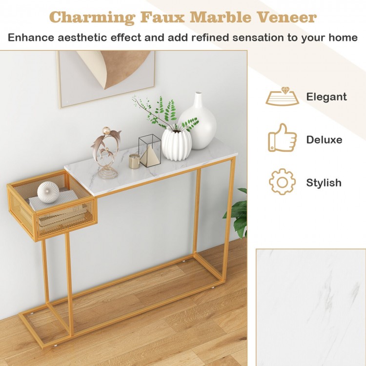 Rectangular white faux marble console table showcasing a stylish gold metal frame, ideal for elegant home decor.