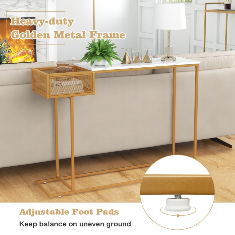 Rectangular white faux marble console table with gold metal frame and storage basket, ideal for living room or entryway.