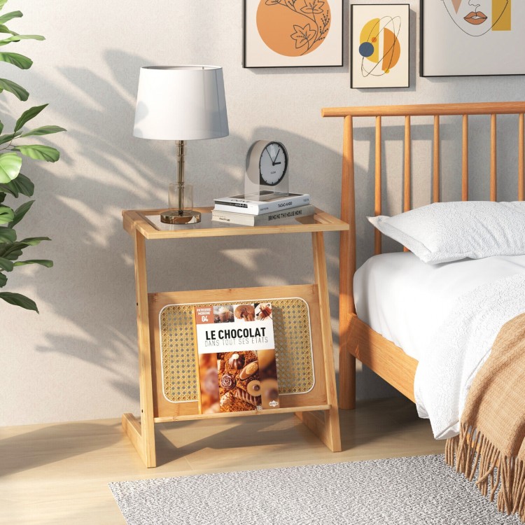 Z-shaped end table with rattan shelf and glass top, perfect as a bedside or snack table in natural bamboo finish.