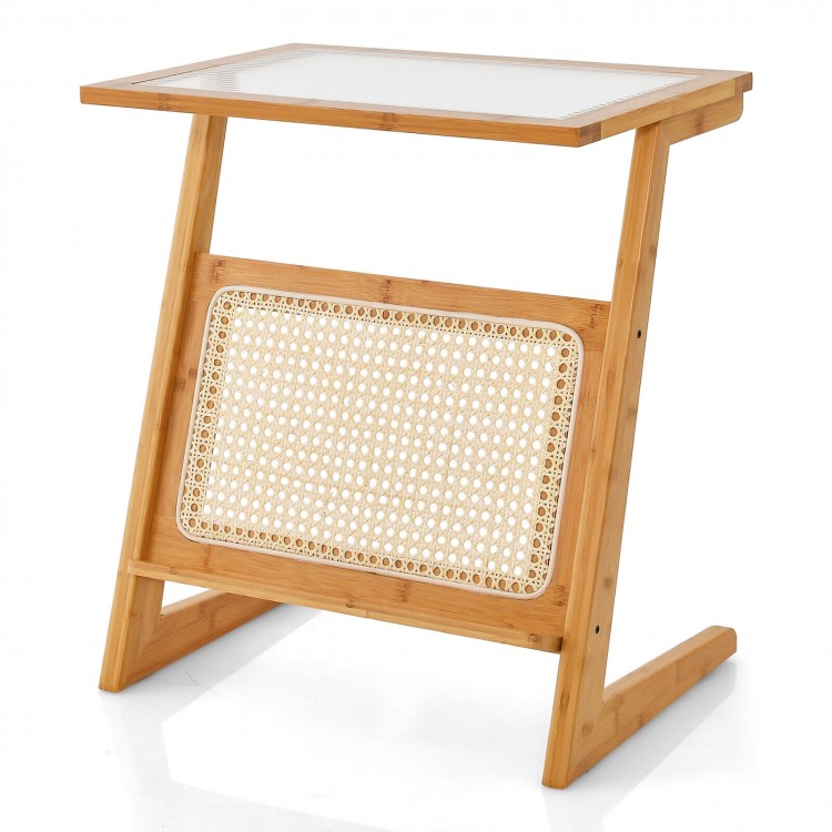 Z-shaped end table with a glass top and PE rattan shelf, perfect for narrow spaces and multipurpose use.