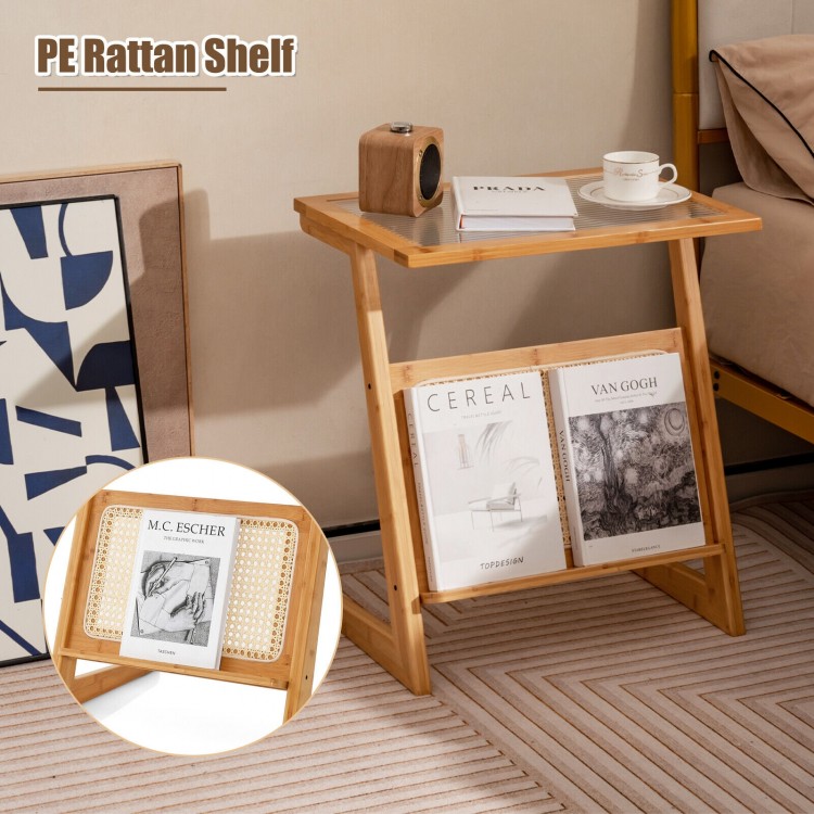 Z-shaped end table with a PE rattan shelf and glass top, perfect for narrow spaces and multipurpose use.