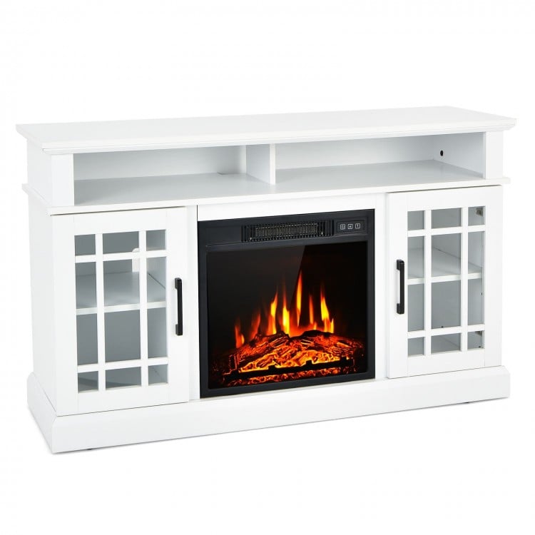 White 48-inch electric fireplace TV stand with cabinets, featuring 3D flame effect and ample storage for TVs up to 50.