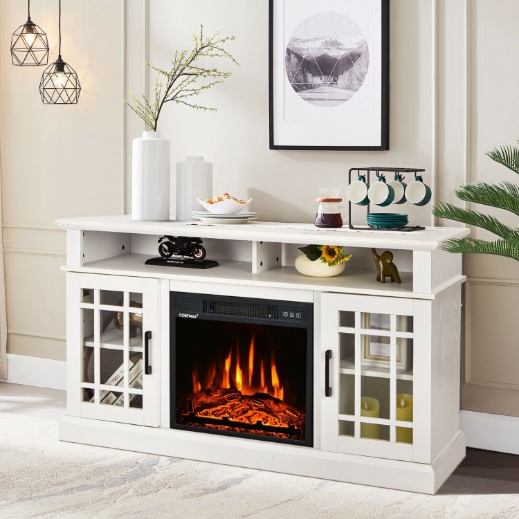 48-inch white electric fireplace TV stand with cabinets, featuring a 3D flame effect and ample storage for TVs up to 50.