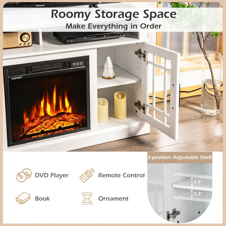 48-inch white electric fireplace TV stand with cabinets, adjustable shelves, and realistic flame effect for cozy living.