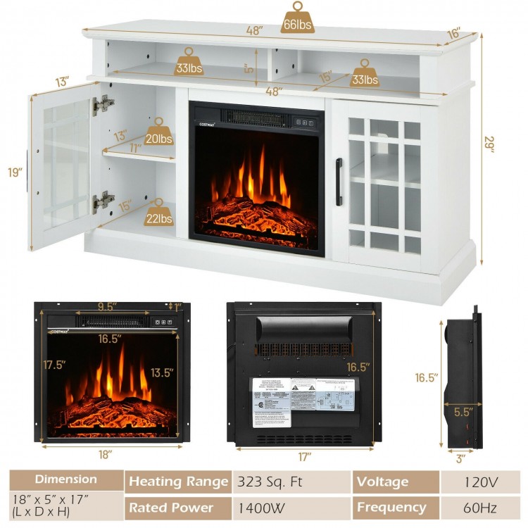 Electric fireplace TV stand in white, 48 inches, with cabinets and 3D flame effect for TVs up to 50 inches.