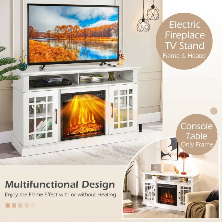 Front view of the 48-inch electric fireplace TV stand in white, showcasing the elegant 3D flame effect and spacious.