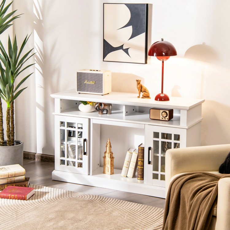 White 48-inch electric fireplace TV stand with cabinets, open shelves, and 3D flame effect for TVs up to 50 inches.