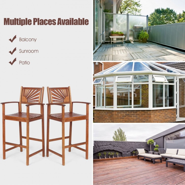 Two outdoor acacia wood bar chairs with sunflower backrest, perfect for patio, balcony, or sunroom use.