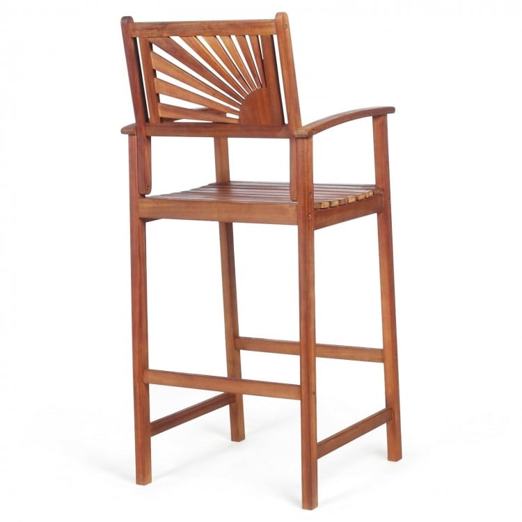 Acacia wood bar chair with sunflower backrest and armrests, ideal for outdoor patio or balcony use.