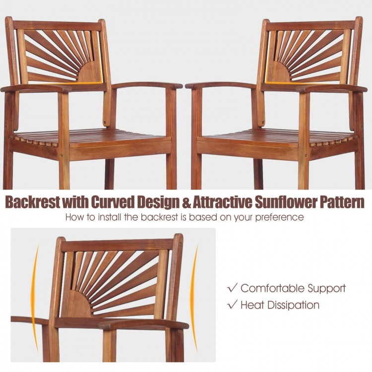 Outdoor acacia wood bar chair featuring a sunflower backrest design, offering comfortable support and heat dissipation.