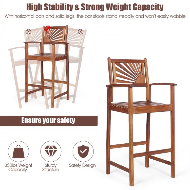 Outdoor acacia wood bar chair with sunflower backrest and armrests, designed for stability and comfort in patio.