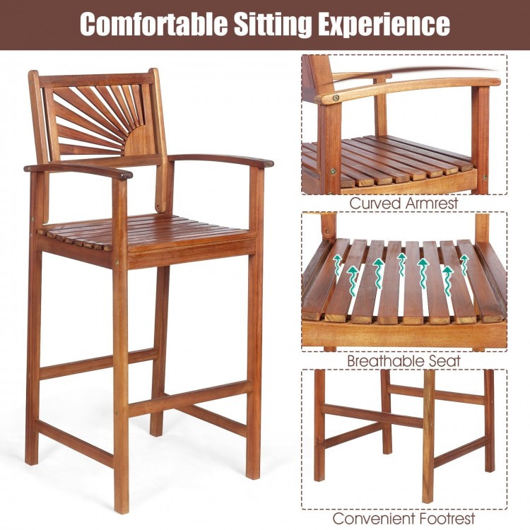 Outdoor acacia wood bar chair with sunflower backrest and armrests, designed for comfort and stability on patios.