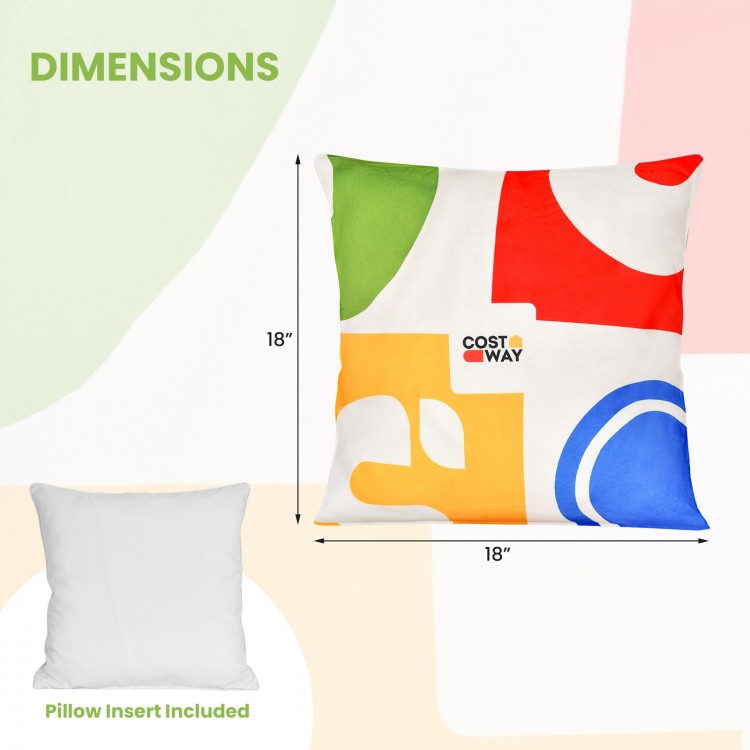 Colorful 18x18 inch square throw pillow with removable velvet cover, ideal for couch or bed decoration and comfort.
