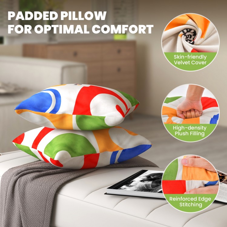 Square throw pillows with removable velvet covers, featuring high-density plush filling for added comfort and.