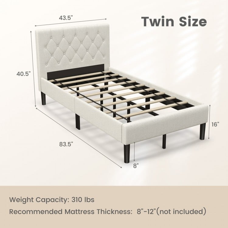Twin size upholstered platform bed in beige with button tufted headboard, sturdy slats, and adjustable foot pads for.