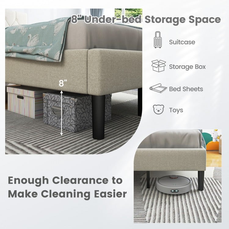 Twin size upholstered platform bed in beige with 8" under-bed storage space for easy cleaning and organization.