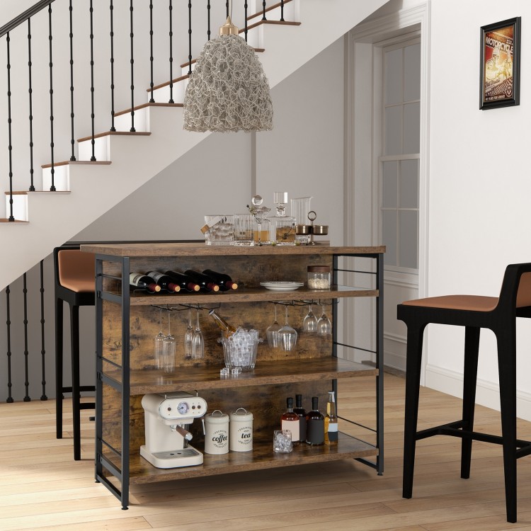 Rustic brown kitchen island with 4-tier storage shelf, wine rack, and ergonomic footrest for home use.