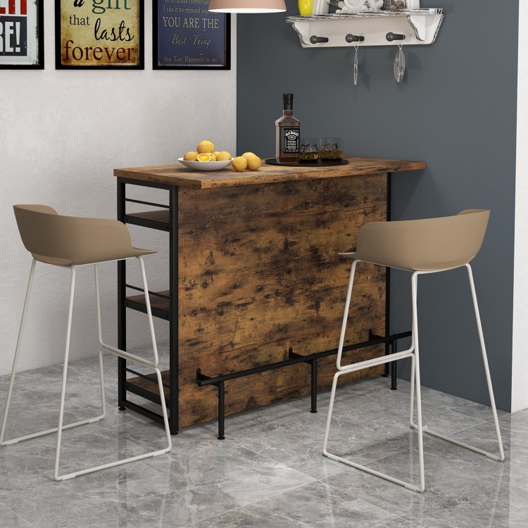 Rustic brown kitchen island with 4-tier storage shelf, ergonomic footrest, and wine rack for stylish home use.