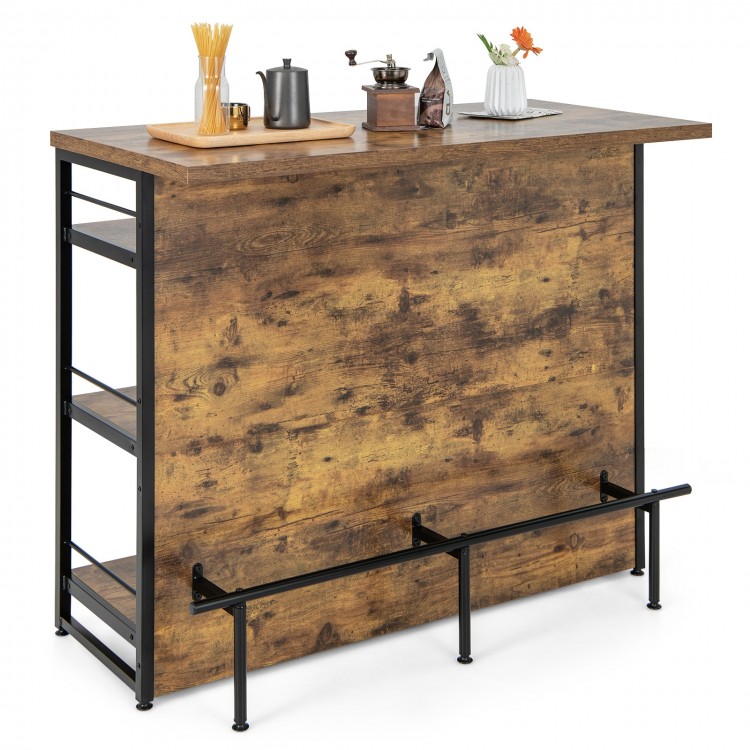 Rustic brown kitchen island with 4-tier storage shelf and ergonomic footrest, ideal for home use and industrial decor.