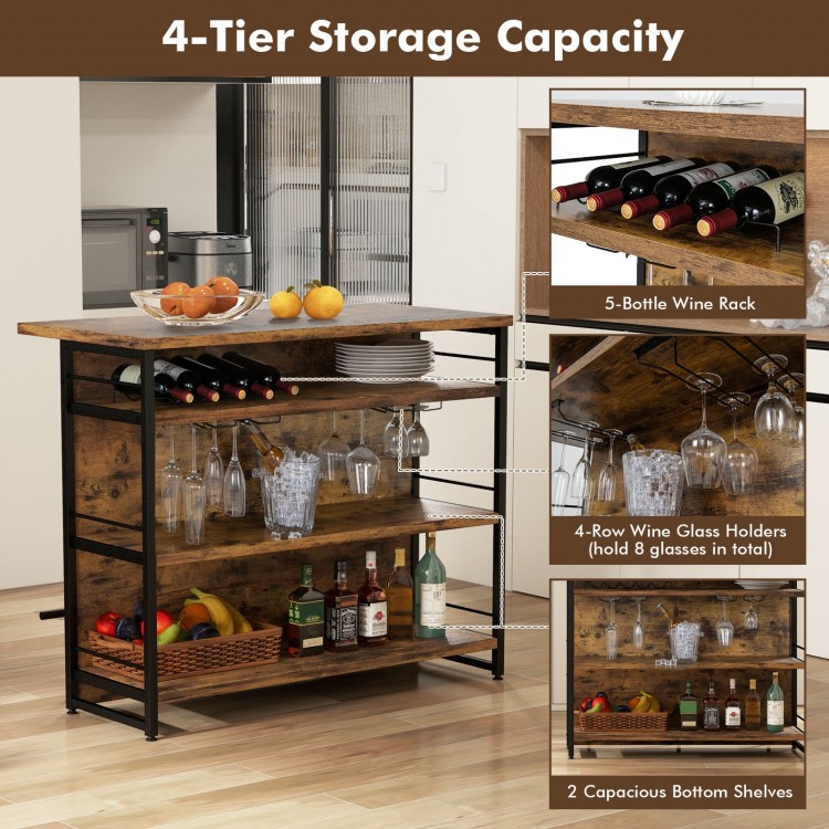 Kitchen island in rustic brown with 4-tier storage, featuring a 5-bottle wine rack and spacious bottom shelves.