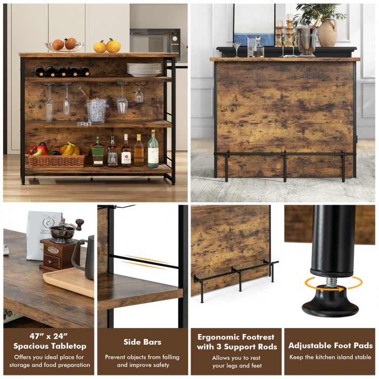 Kitchen island in rustic brown with 4-tier storage shelf, ergonomic footrest, and wine rack for versatile home use.