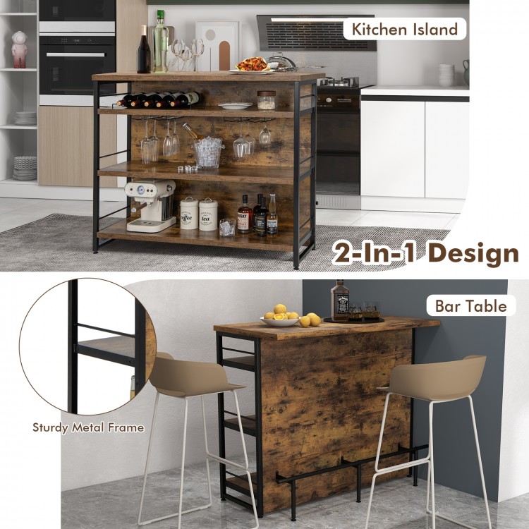 Kitchen island with 4-tier storage shelf in rustic brown, featuring a wine rack and ergonomic footrest for versatile.