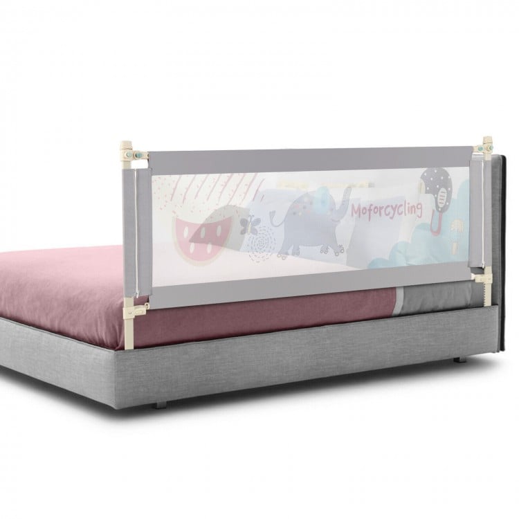 Vertical lifting baby bed rail with cute pattern, adjustable height, and double safety lock for secure use.