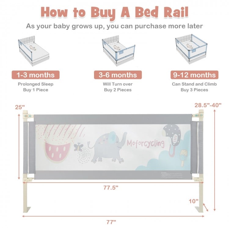 Vertical lifting baby bed rail with cute pattern, adjustable height, and safety lock for secure sleep.