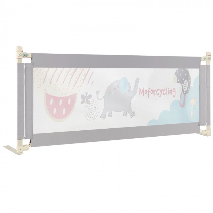 Vertical lifting baby bed rail with cute elephant pattern, adjustable height, and safety lock for secure use.