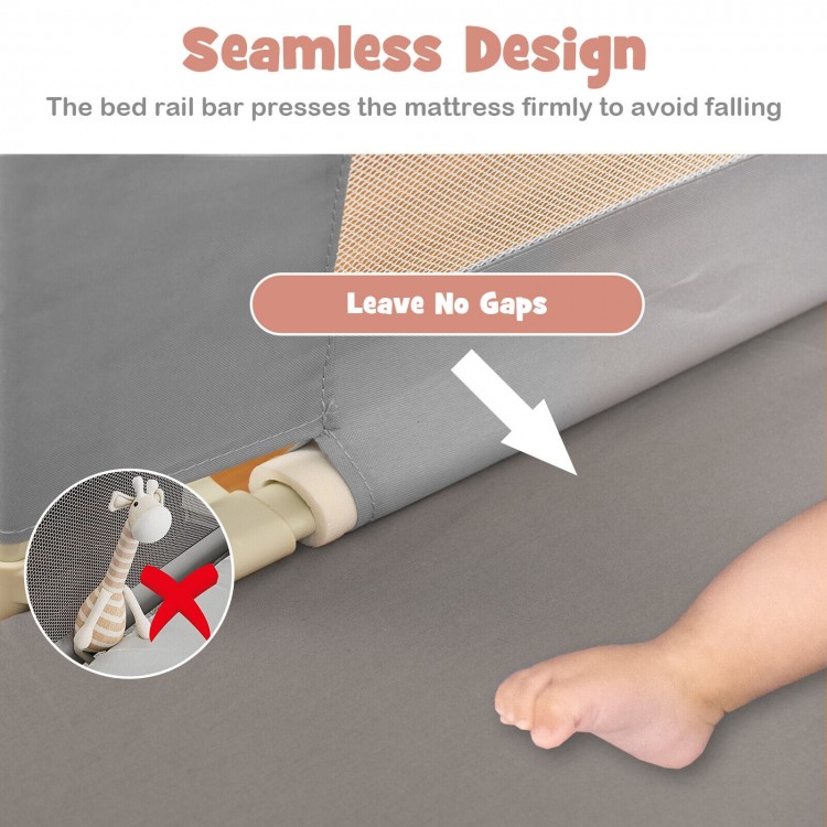 Vertical lifting baby bed rail with seamless design and adjustable heights, ensuring safety and preventing falls.