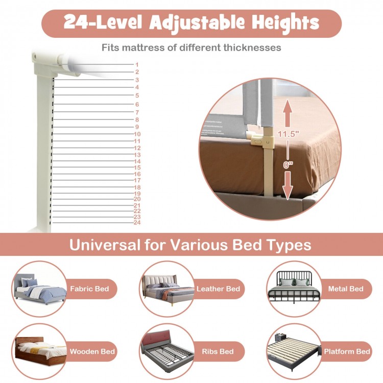 Vertical lifting baby bed rail with 24 adjustable heights, designed for various bed types, ensuring safety and ease of.