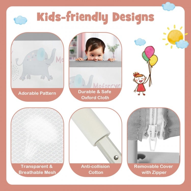 Vertical lifting baby bed rail with cute elephant pattern, durable Oxford cloth, and removable cover for easy cleaning.