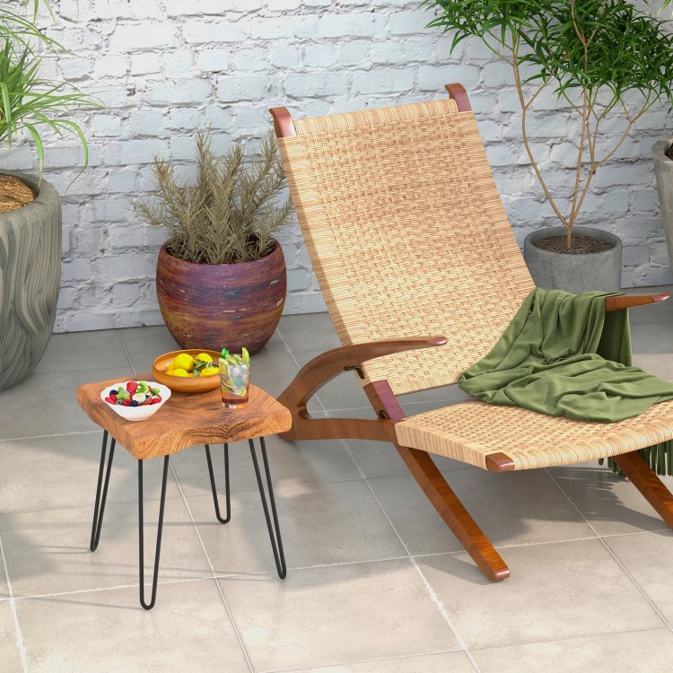 Square reclaimed teak wood end table with metal legs, showcasing unique wood grains, perfect for outdoor relaxation.