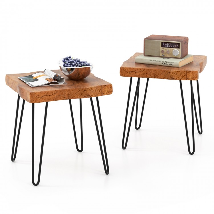 Square reclaimed teak wood end tables with rustic appeal and sturdy metal legs, perfect for storage and display.