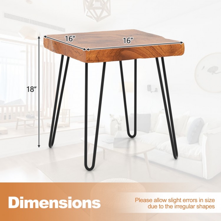 Square reclaimed teak wood end table with metal legs, showcasing unique wood grains and dimensions of 16" x 16" x 18".