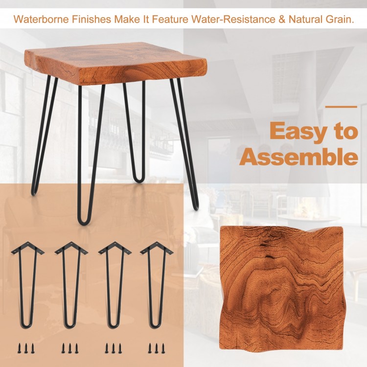Square reclaimed teak wood end table with metal legs, showcasing unique grain and easy assembly for rustic decor.