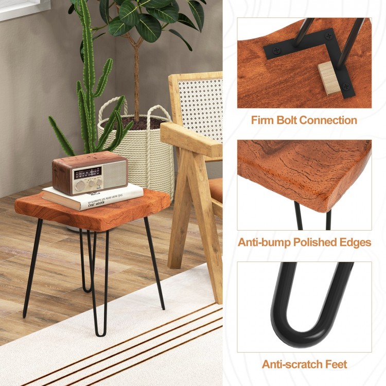 Square reclaimed teak wood end table with robust metal legs, anti-scratch feet, and polished edges for rustic charm.