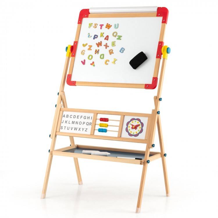 Wooden 3-in-1 art easel for kids with drawing paper roll, alphabet, abacus, and clock for educational play and.