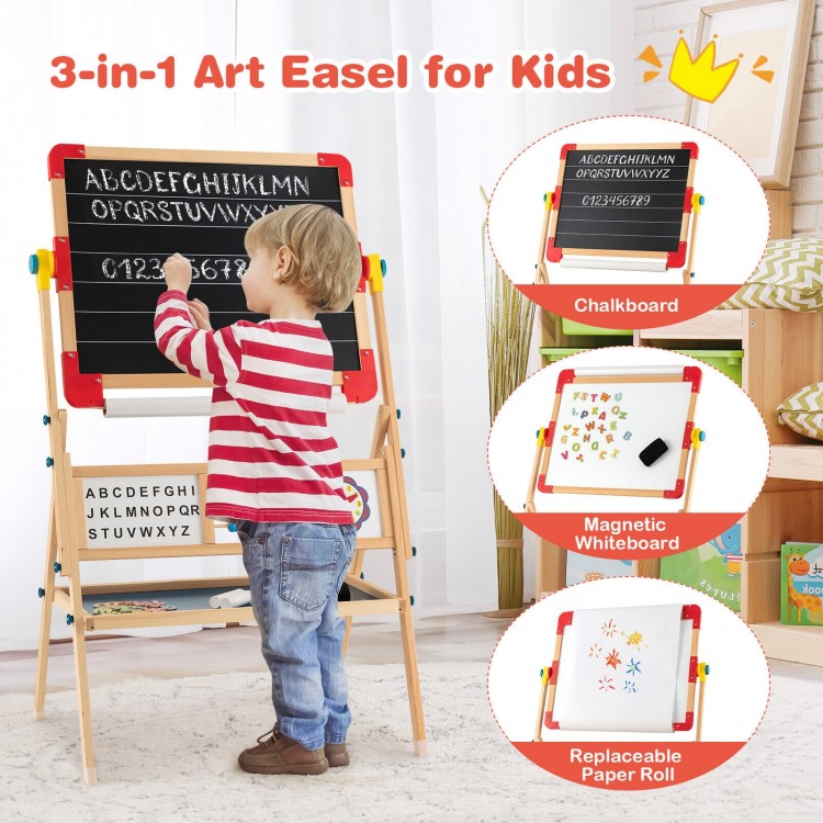 3-in-1 wooden art easel for kids featuring a chalkboard, magnetic whiteboard, and replaceable paper roll for creative.