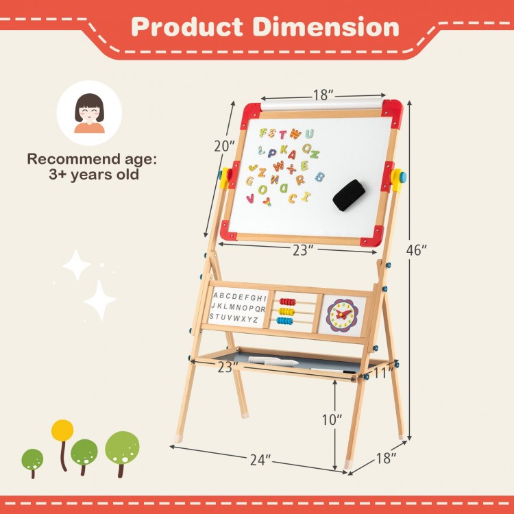 3-in-1 wooden art easel for kids with drawing paper roll, double-sided board, and educational accessories for creative.