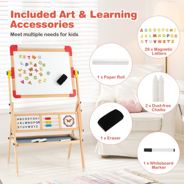 3-in-1 wooden art easel for kids featuring a drawing paper roll, magnetic letters, and dust-free chalks for creative.