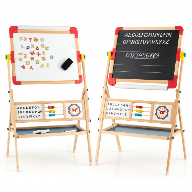 Double-sided 3-in-1 wooden art easel for kids with chalkboard, drawing paper roll, and educational accessories.