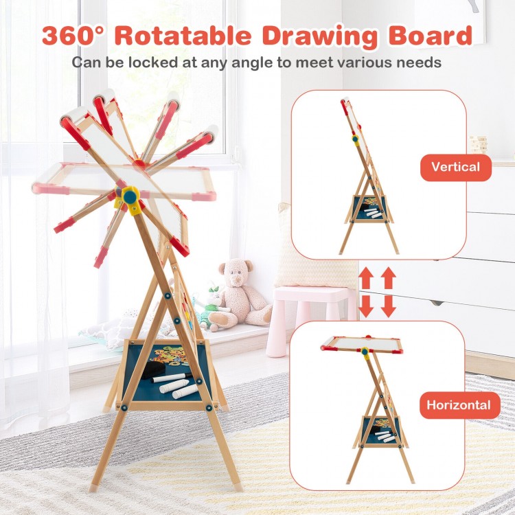 Rotatable 3-in-1 wooden art easel for kids with drawing paper roll, featuring a stable pine wood frame and storage tray.
