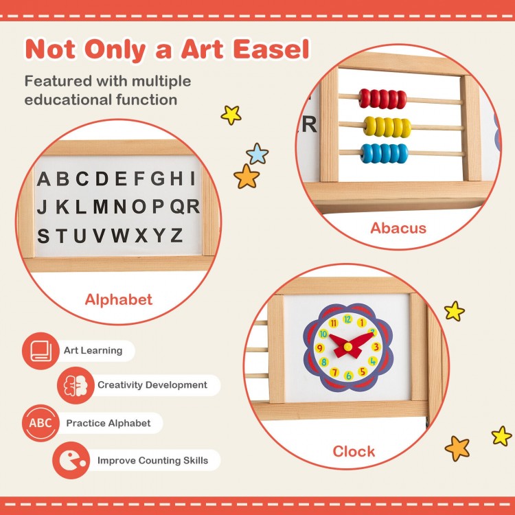 3-in-1 wooden art easel featuring an alphabet board, abacus, and clock for educational play and creativity development.