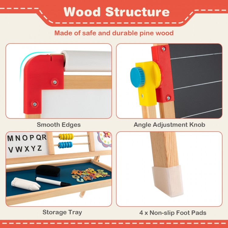 Wooden art easel with adjustable drawing board, storage tray, and anti-slip foot pads for kids' creative play.