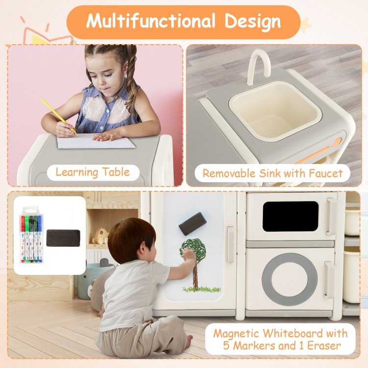 Multipurpose toy chest and bookshelf in gray with removable sink, magnetic whiteboard, and spacious storage for kids.