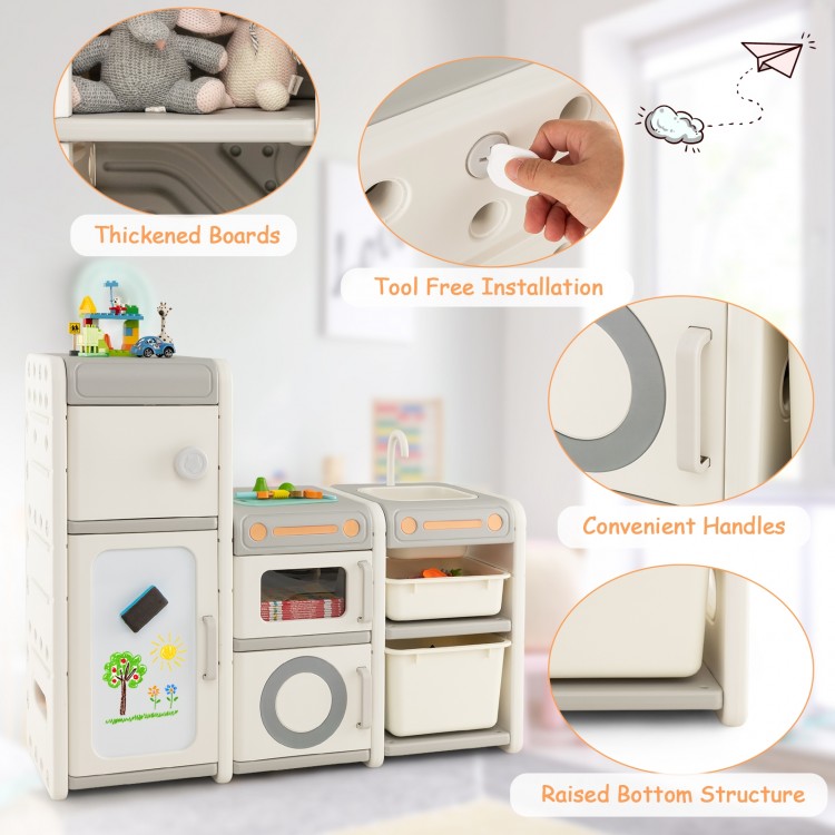 Multipurpose toy chest and bookshelf in gray with magnetic whiteboard, featuring multiple storage areas and tool-free.